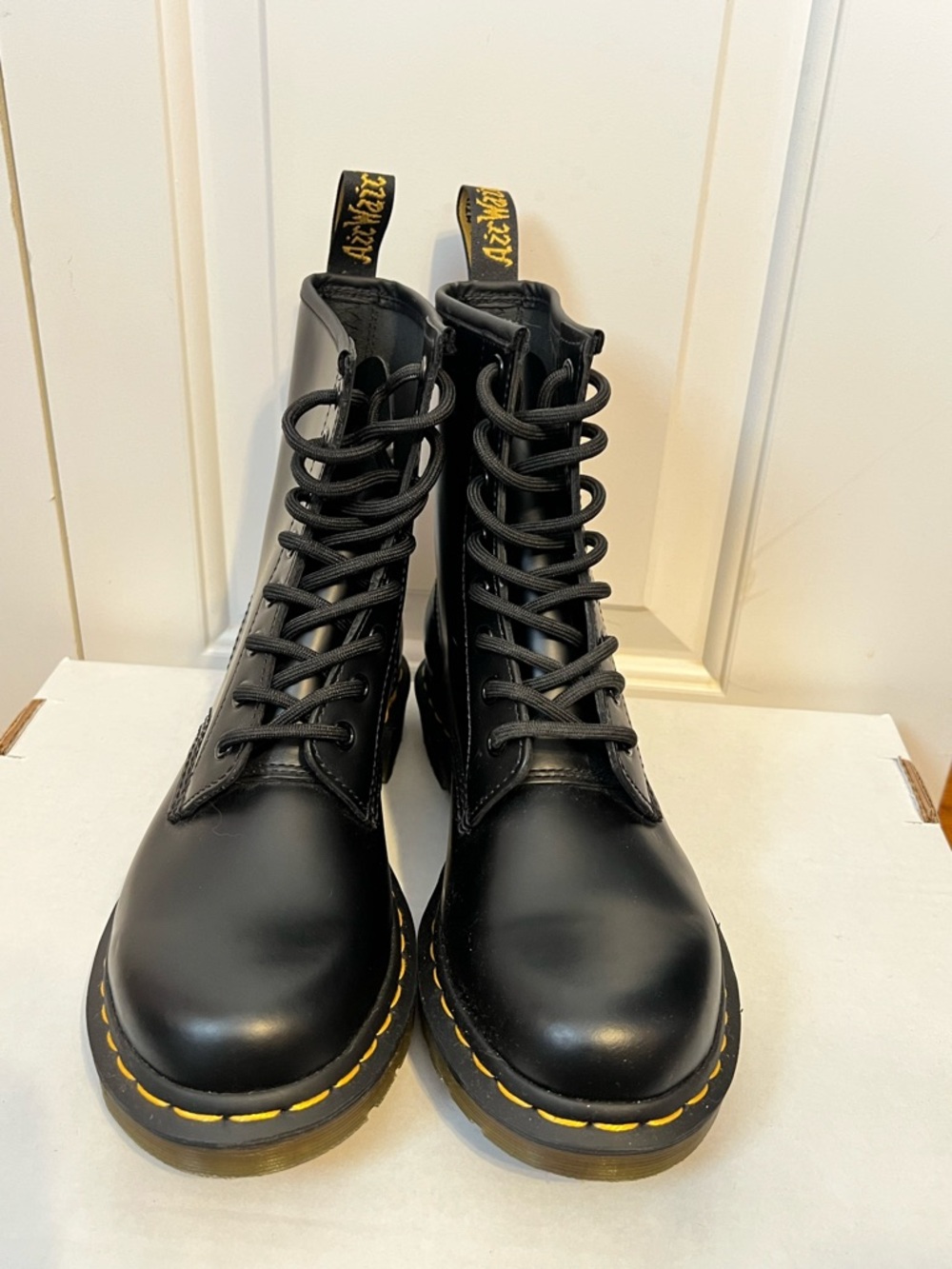 Dr. Martens Black Leather Lace-Up Boots with Yellow Stitching